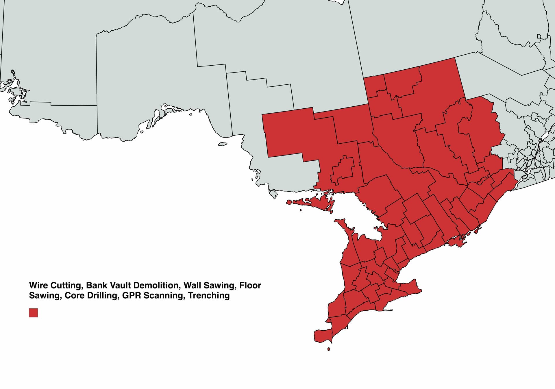 Wall Sawing, Floor Sawing, Wire Cutting, Core Drilling, GPR Scanning, Bank Vault Demolition, Trenching Service Area Map